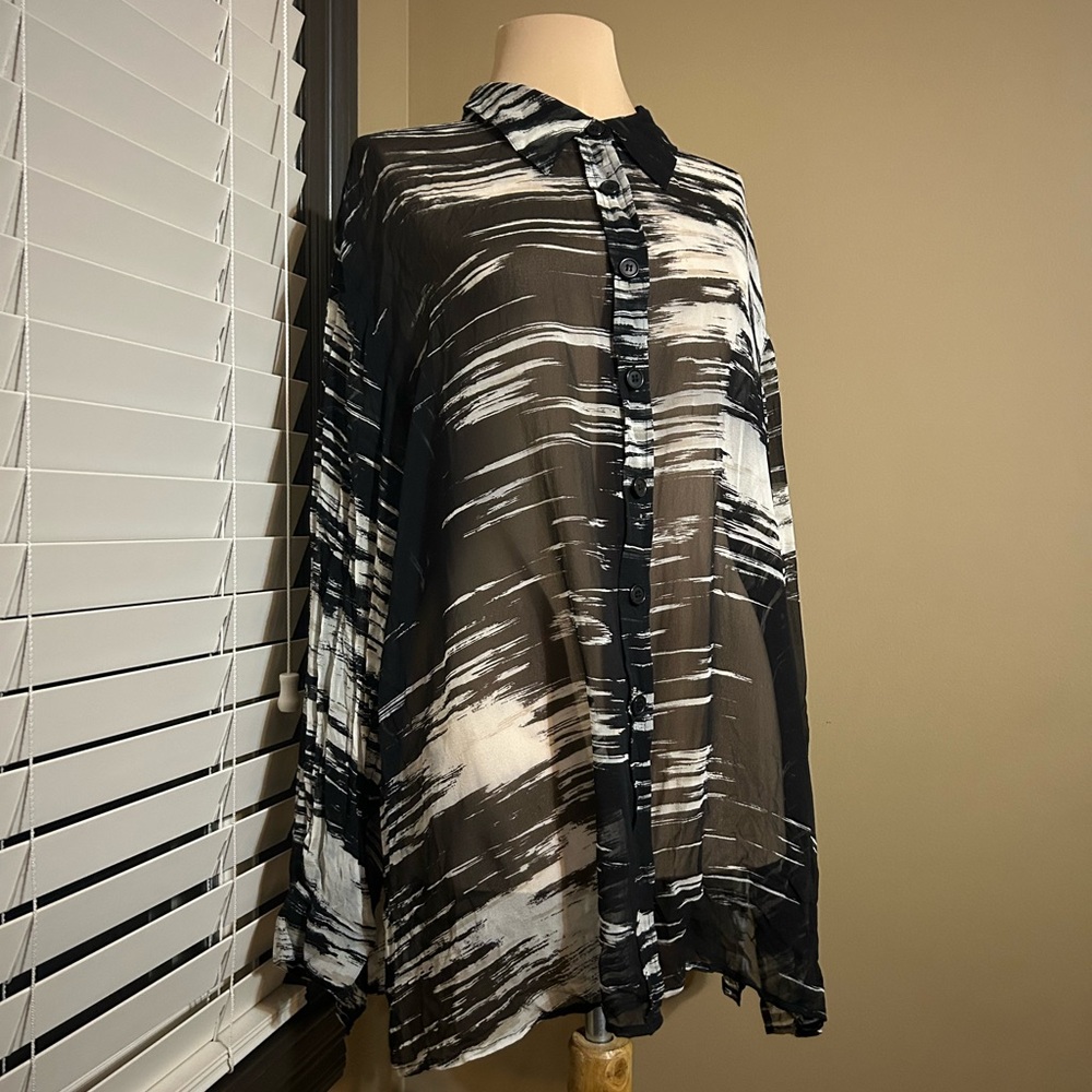 Diane Von Furstenberg Monochrome Brushstroke Silk Sheer Button Down Shirt